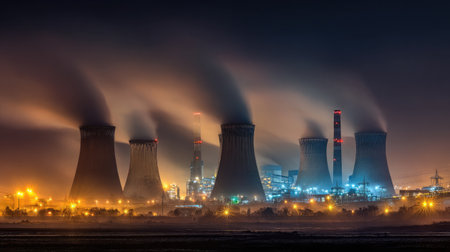Tall smokestacks rising from energy plant surrounded by fog and machineryの素材
