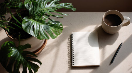 Workspace flat lay showing a notebook and bright green plant in gentle daylight ambianceの素材