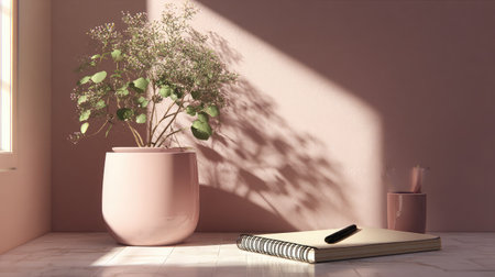 Scandinavian-style workspace with minimalist notebook and a lush green plant in a pastel pot, sunlight spilling across surfaceの素材
