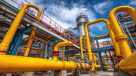 Pipes and vents of a combined-cycle gas power station under bright daylightの素材