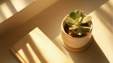 Minimalist workspace featuring a closed notebook and a tiny succulent in a white ceramic pot, illuminated by warm afternoon lightの素材
