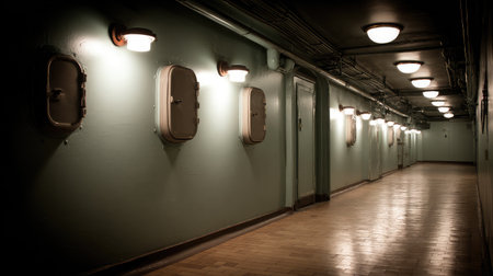 Long corridor of industrial lights inside energy plant equipment hallwayの素材