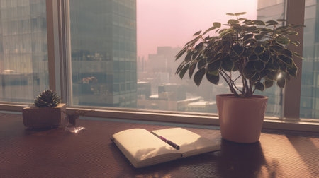 Peaceful office nook with plant and closed notepad catching ambient afternoon sunの素材