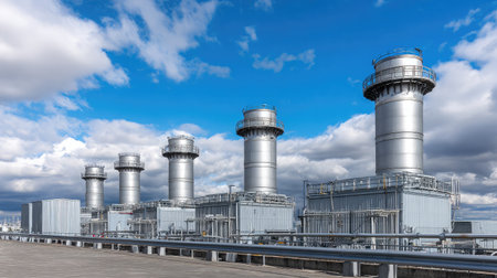 Pipes and vents of a combined-cycle gas power station under bright daylightの素材
