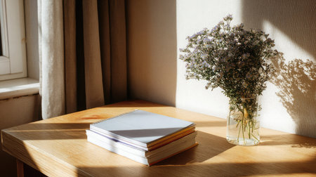 Notebook and plant sharing desk space in a calm, well-lit home office cornerの素材