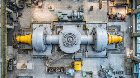 Overhead shot of a power plant's turbine hall featuring symmetric industrial componentsの素材
