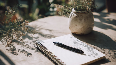 Scandinavian-style workspace with minimalist notebook and a lush green plant in a pastel pot, sunlight spilling across surfaceの素材