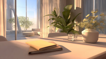 Peaceful office nook with plant and closed notepad catching ambient afternoon sunの素材