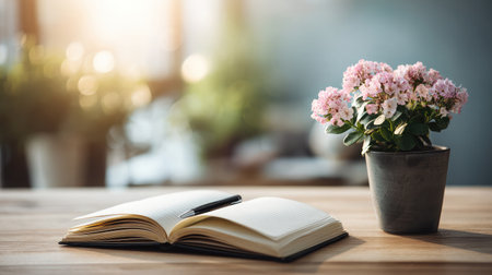 Open journal and a blooming flower pot on a tidy desk, surrounded by soft lens flare from backlightの素材