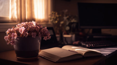 Quiet workspace shot with journal and flower pot on clean desk, light glowing softly across surfaceの素材