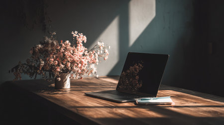 Light-filled workspace with floral decor and notebook, softly lit from top cornerの素材