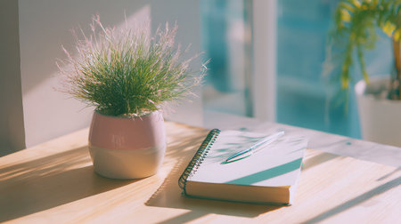 Scandinavian-style workspace with minimalist notebook and a lush green plant in a pastel pot, sunlight spilling across surfaceの素材