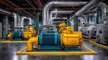 Turbine generators in a thermal power station surrounded by insulated pipes and steel structuresの素材