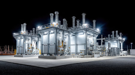 Substation transformers lit at night connected to a thermal power plantの素材