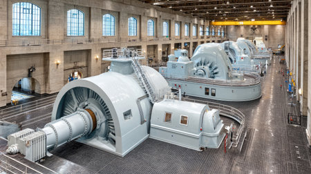 View of turbines inside a hydroelectric power plant facility with mechanical detailの素材