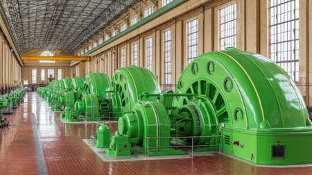 View of turbines inside a hydroelectric power plant facility with mechanical detailの素材