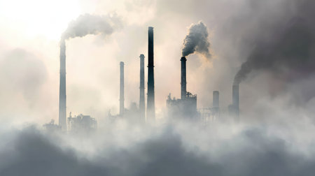 Tall smokestacks rising from energy plant surrounded by fog and machineryの素材