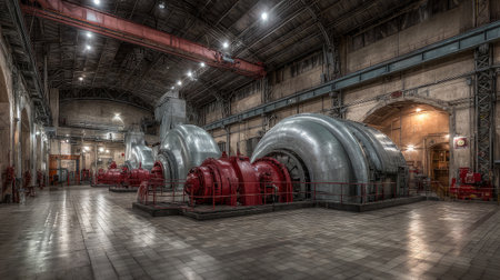 Turbine generators in a thermal power station surrounded by insulated pipes and steel structuresの素材