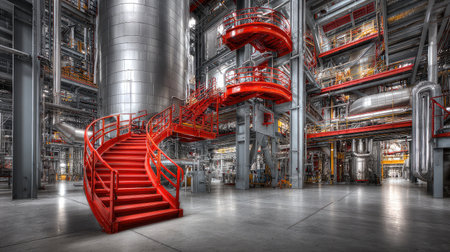 Steel staircases and industrial piping surrounding the reactor core area in a power plantの素材