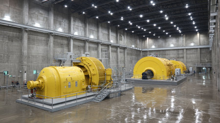 View of turbines inside a hydroelectric power plant facility with mechanical detailの素材