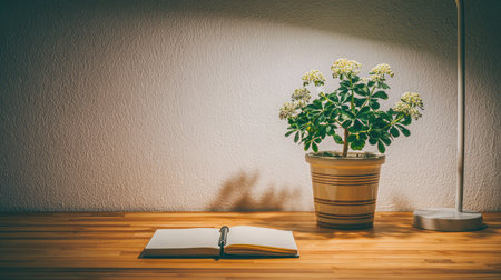 Warm-toned scene of a wooden table with notebook and soft-glowing flower pot against white wallの素材