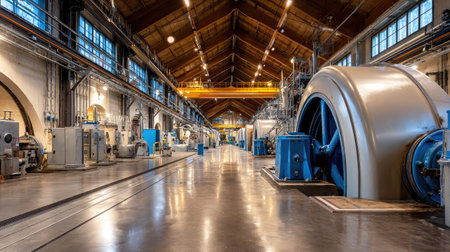 View of turbines inside a hydroelectric power plant facility with mechanical detailの素材