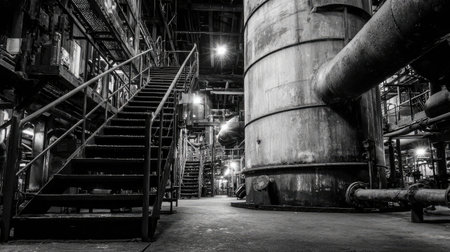 Steel staircases and industrial piping surrounding the reactor core area in a power plantの素材