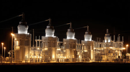 Substation transformers lit at night connected to a thermal power plantの素材