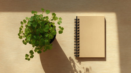 Workspace flat lay showing a notebook and bright green plant in gentle daylight ambianceの素材