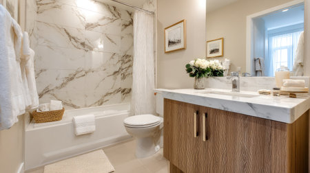 Beige and white color scheme bathroom with tub-shower combo and compact modern vanityの素材