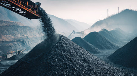 Black coal heap builds as conveyor dumps material continuously in open-pit mining facilityの素材