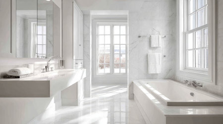 All-white bathroom with sleek finishes, small rectangular tub and suspended sinkの素材
