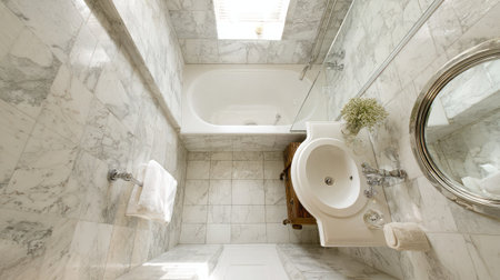 Bright tiny bathroom with marble tiles, narrow tub and round corner-mounted sinkの素材
