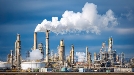 Atmospheric refinery shot of chemical distillation towers producing fuels and gases from oilの素材