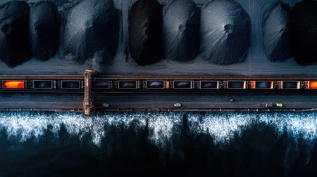 Aerial view of conveyor belt system distributing coal across multiple piles in mining yardの素材