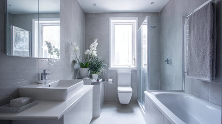Bright tiny bathroom with custom tub enclosure and floating sink, modern minimalist vibeの素材