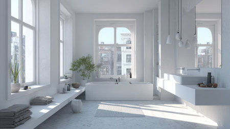 All-white bathroom with sleek finishes, small rectangular tub and suspended sinkの素材