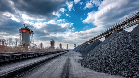 Clean industrial coal storage yard with conveyor belt system moving raw material into moundの素材