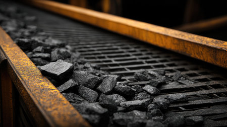 Black mineral pile forms perfectly below conveyor belt, releasing coal in steady streamの素材