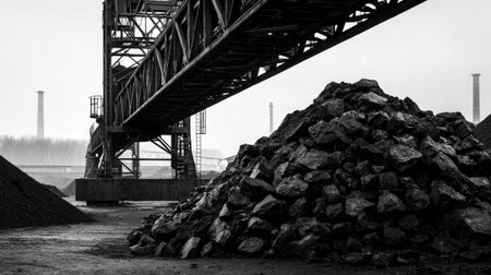 Black coal pile rises beneath conveyor belt structure unloading chunks of raw material in an industrial siteの素材