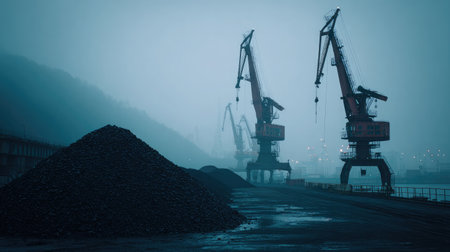 Black fuel pile formed beneath constant flow of coal from conveyor at active worksiteの素材