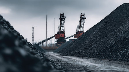 Black fuel pile formed beneath constant flow of coal from conveyor at active worksiteの素材