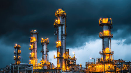 Atmospheric refinery shot of chemical distillation towers producing fuels and gases from oilの素材