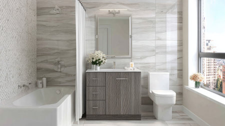 Beige and white color scheme bathroom with tub-shower combo and compact modern vanityの素材