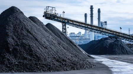 Black coal pile rises beneath conveyor belt structure unloading chunks of raw material in an industrial siteの素材
