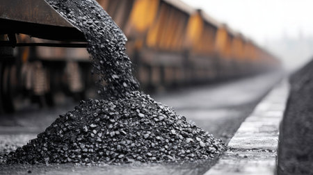 Black mineral pile forms perfectly below conveyor belt, releasing coal in steady streamの素材