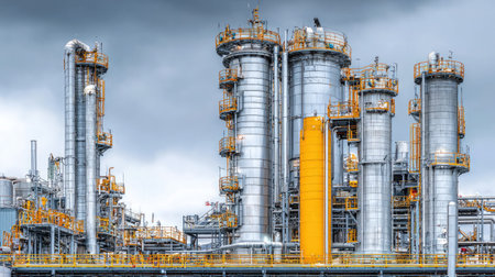 Chemical plant with shining metallic columns and connecting pipelines for efficient crude oil distillationの素材