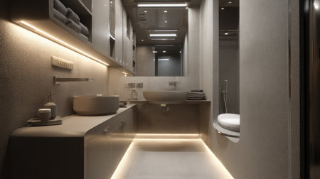 Bright and efficient bathroom with a tiny square tub, floating sink, and mirrored storageの素材