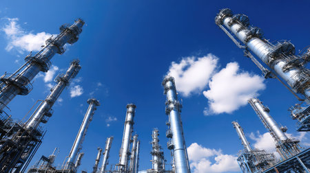Array of vertical steel distillation columns used to extract gases and liquids from crude oilの素材