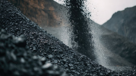 Coal belt stretches across frame with particles falling onto massive dark pile in mining zoneの素材